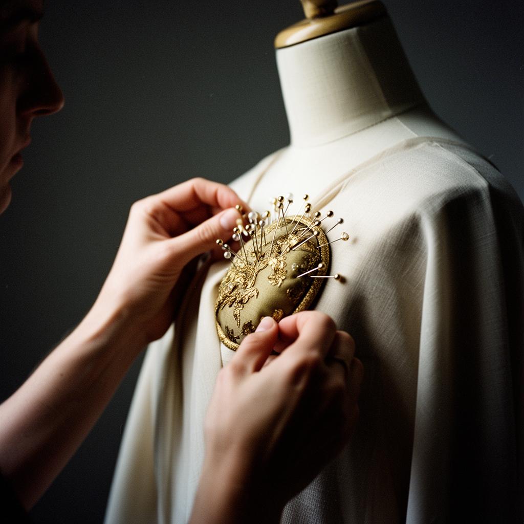 Designer pinning fabric on a mannequin