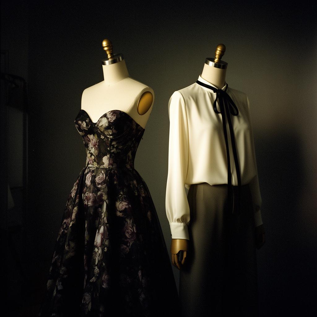 Two couture mannequins in the atelier — floral evening gown and ivory blouse
